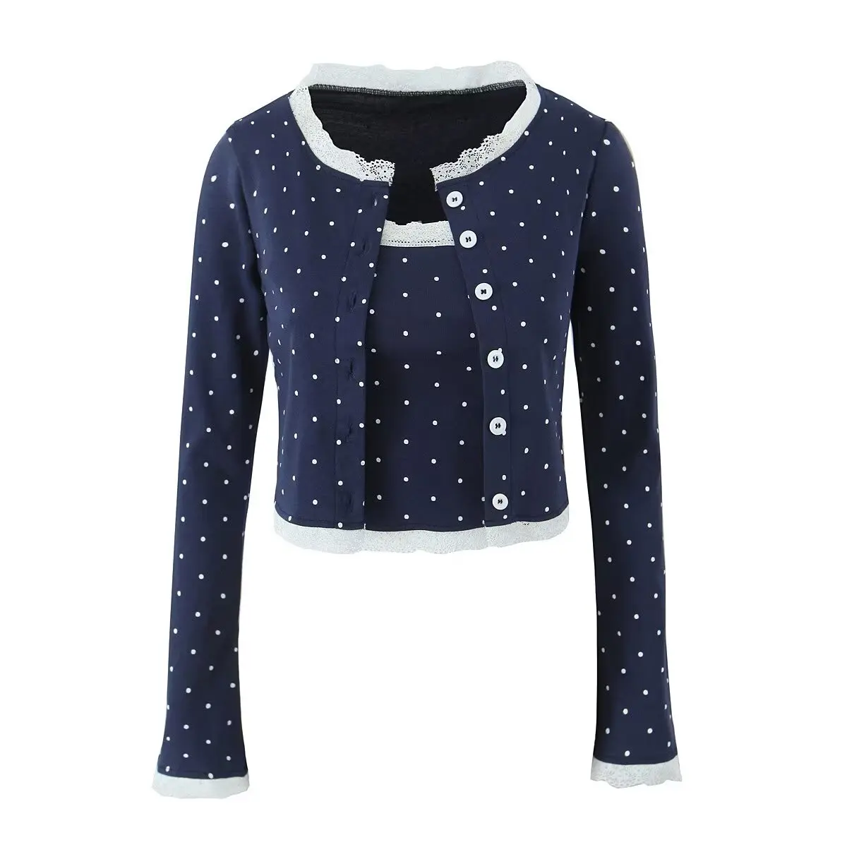 2024 American Retro Polka Dot Print Open Buttons T-shirt + Lace Slash Collar Camis Crop Top T-shirt Set Navy Black