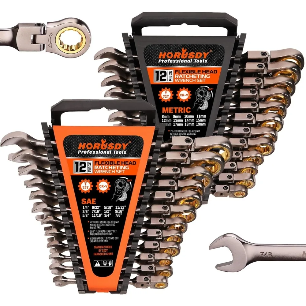 

24-Piece Flex-Head Ratcheting Wrench Set | Metric and SAE | Ratchet Combination Wrenches Set with Organizer | 72-Teeth
