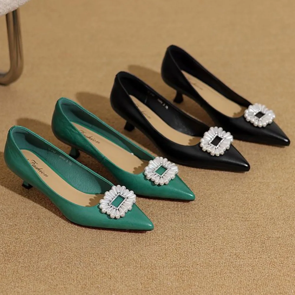 

New Genuine Leather Woman Pumps Pointed Stiletto Fashion Women Work Shoes Sexy Cut-Outs High Heel Shoe Ladies Party Green Black