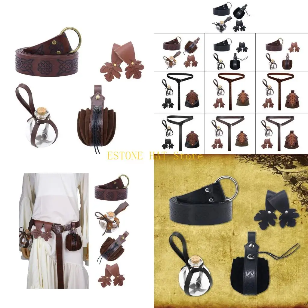 49MF 1 ชุดยุคกลางคอสเพลย์ชุดอุปกรณ์เสริมสำหรับสตรีและผู้ชาย PU หนังเข็มขัด Potion ขวดกระโปรงเดินป่าและผู้ถือแก้ว