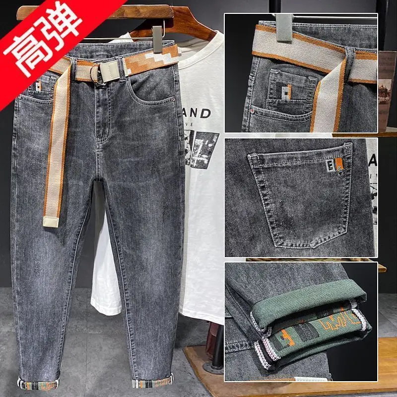 High-Quality Luxury Men\'s Jeans Designer Clothes for Men New 2023 Spring Summer Embroidered Black  Gray Slim Fit Cotton Trousers