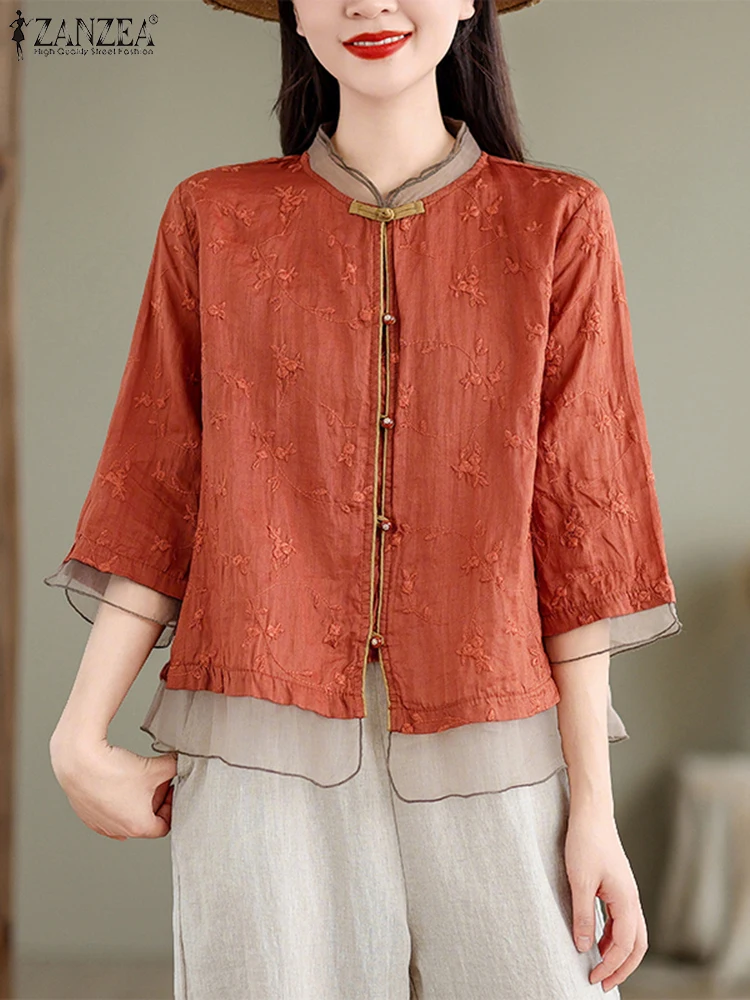 

Винтажные рубашки ZANZEA 2025, женские осенние сетчатые лоскутные блузки, повседневная рубашка с рукавами 3/4, вышитая рубашка, женские топы на пуговицах, туника
