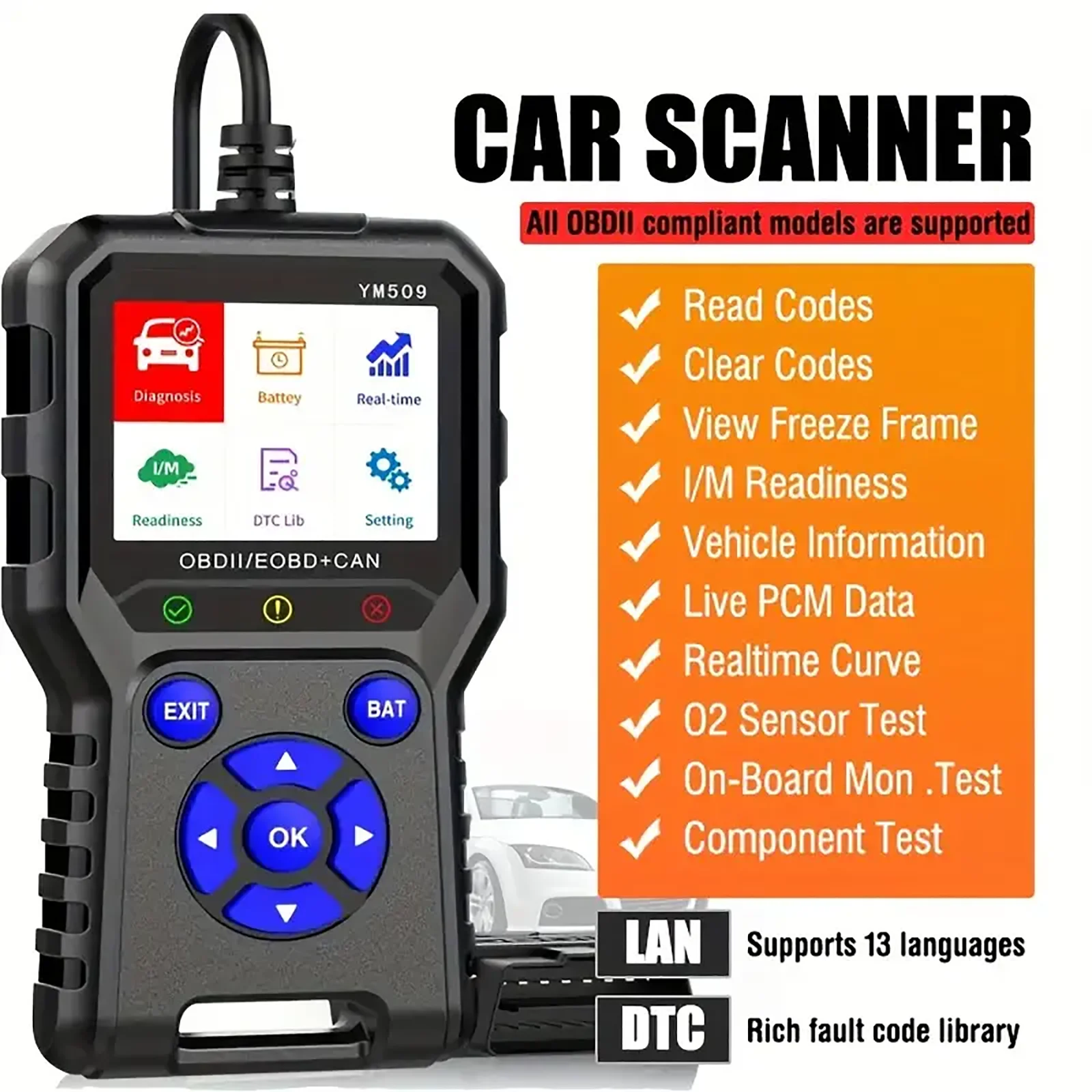 

Code Reader YM509 OBD2 Scanner Car Diagnostic Tool Multi-Language Live Data OBDII Mechanic Scanner Check Engine Light Error Code