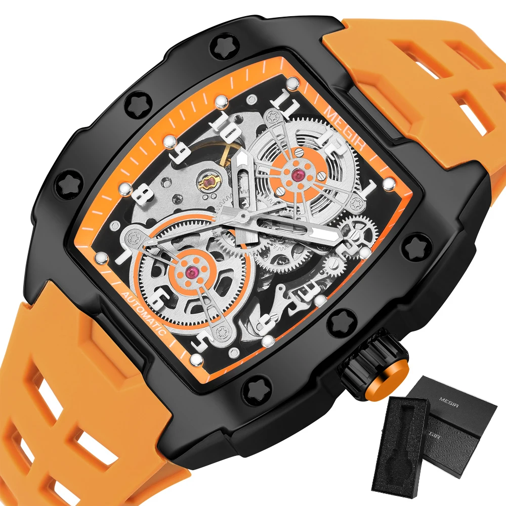 MEGIR Blue Automatic Mechanical Watch for Men Fashion Casual Sport Waterproof Wristwatch Male with Silicone Strap Tonneau Dial