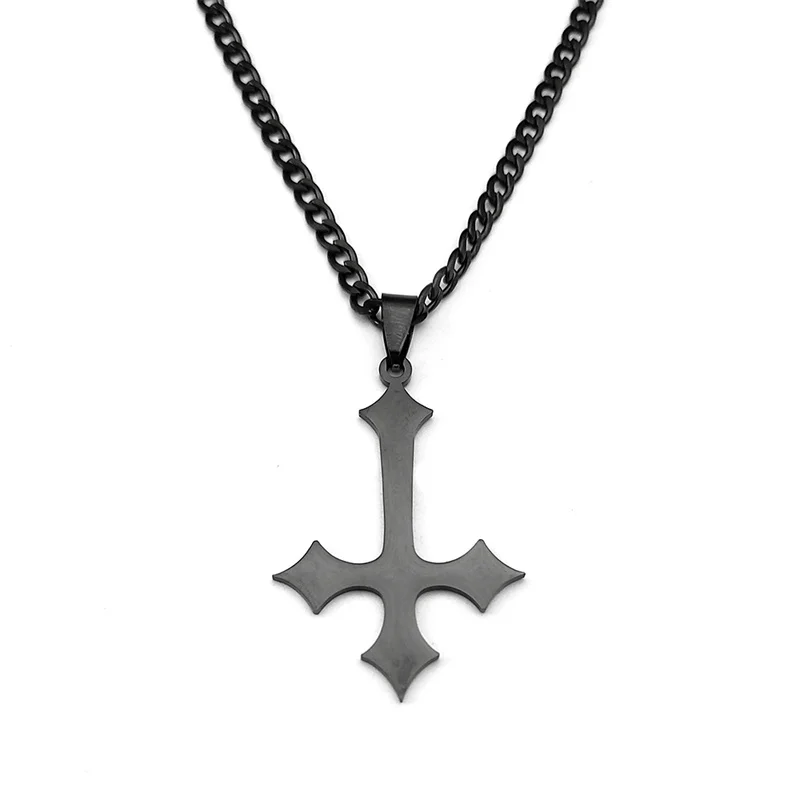 Gotische Punk-Halskette mit umgekehrtem Kreuz-Anhänger für Damen und Herren, Edelstahl, schwarz, silberfarben, Vintage-Kette, Schmuck, Party-Geschenk – Detail 7