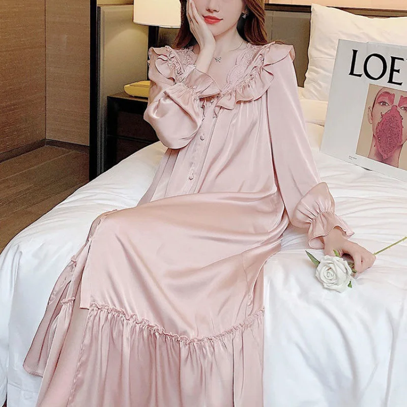 

PLUS SIZE 4XL Female Nightgown French Ruffled Court Style Nightdress Sleepwear Long Sleeve Rayon Long Sleepshirt Sexy Homewear