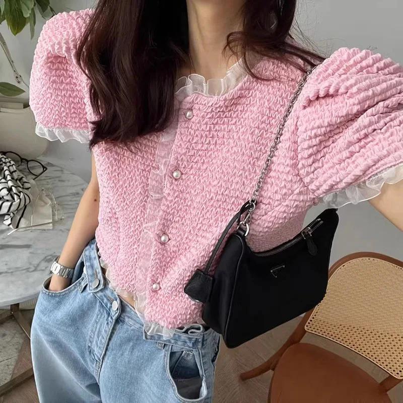 

Chic Summer New Sle Ruffle Trimmed ort Bubble Sve round Ne irt Top Age Reducing Flared Sensation Women's Blouse