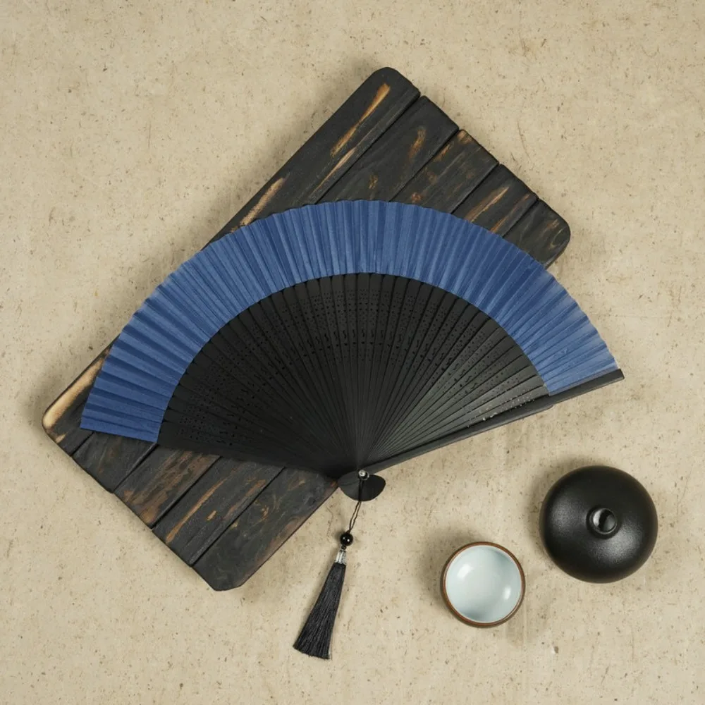 

Antique Silk Fan Carved Handle Bamboo Folding Fan with Tassel Vintage Chinese Fan Handhold Dance Fan Summer