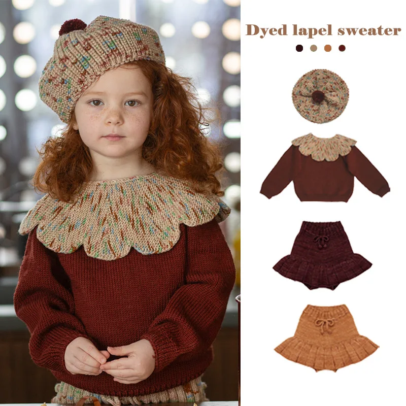 Girls Sweater Fall-Winter 2024 New Girls Lapel Knit Sweater Girl Knitted Skirt Set Kids Beret Baby Girl Christmas Set Sweater