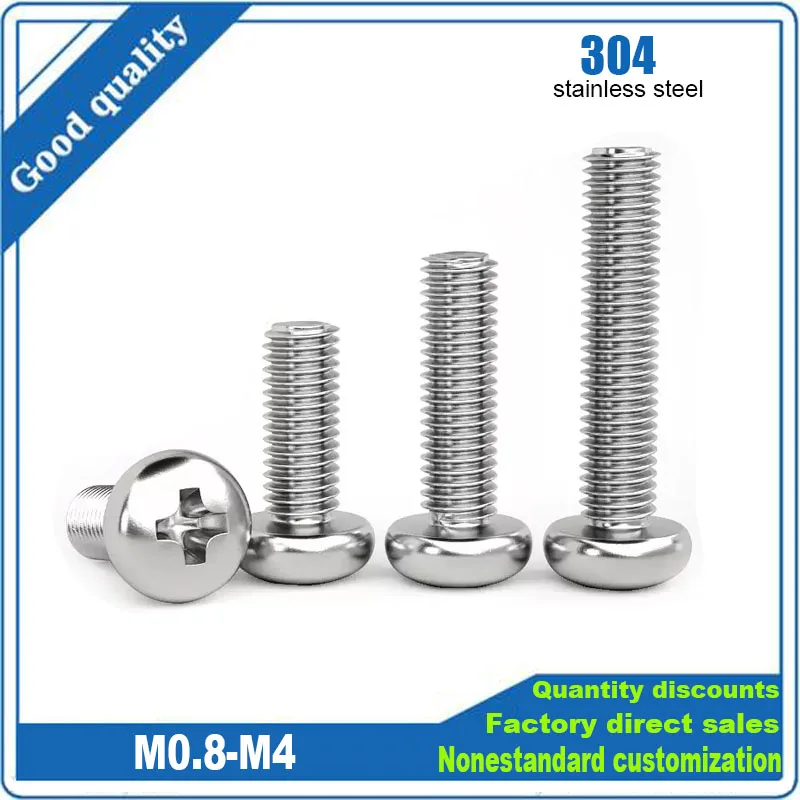 50pcs M0.8 M1 M1.2 M1.4 M1.6 M2 M2.5 M3 M4 Mini Micro Small GB818 304 Stainless Steel Cross Phillips Pan Head Screw Round Bolt