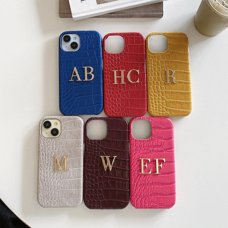 Personalized name crocodile leather Phone case initials metal letter for iPhone17 16 15 14 13 12 11Promax 16e protective Cover