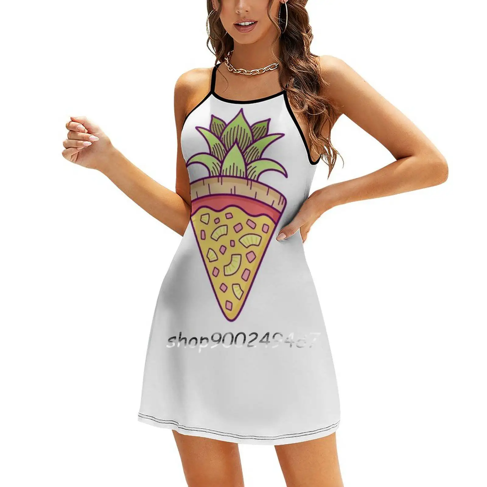 Pineapple Pizza Coat Of Arms Square Neck Dress Sweet Summer Dress Women Elegant Halter Print Dress Pineapple Pizza Pineapple