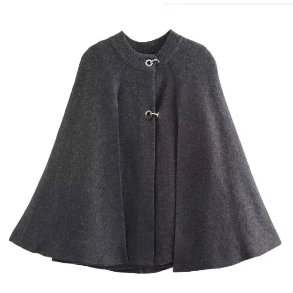 Designer Vintage Clothes Grey Cloak Knit Cape Sweaters Women Long Sleeve Top Metal Buckle Loose Pullovers Female High Street