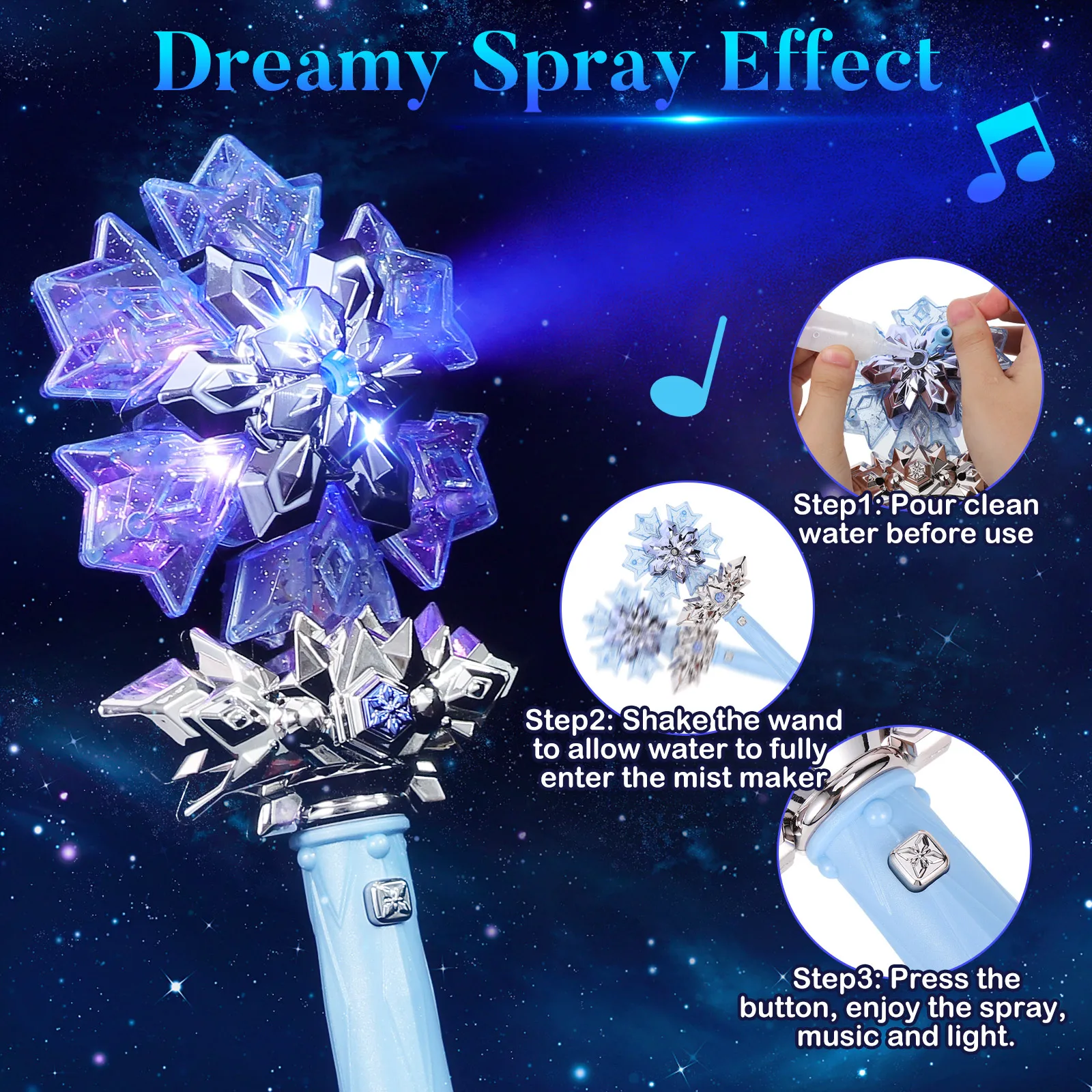 어린이용 눈꽃 요술봉, 음악과 스프레이 기능이 있는 빛나는 공주 눈꽃 요술봉, 코스프레 의상, 요정 빛나는 요술봉 소품, 크리스마스 선물