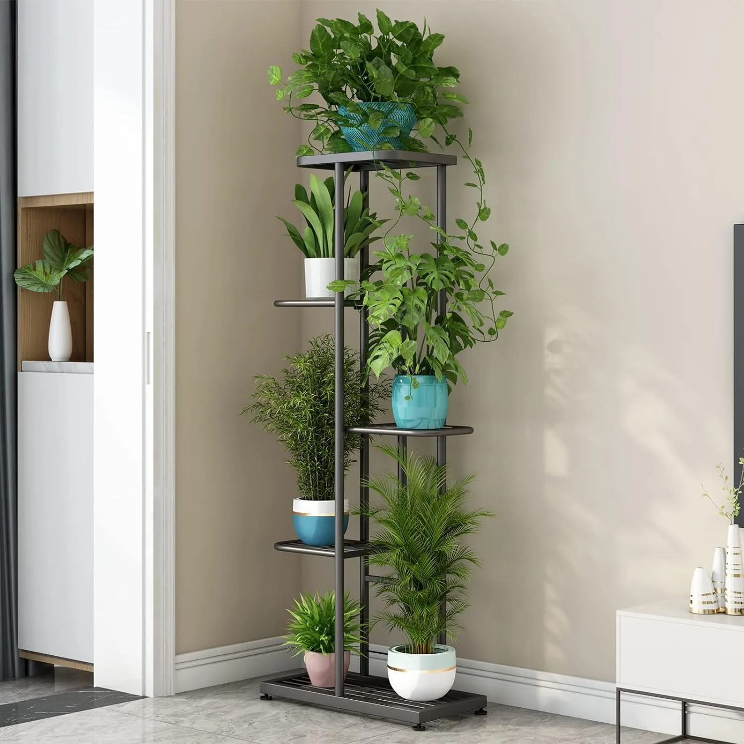 Linzinar Plant Stand Metaal 5 Tier 6 Potted Meerdere Bloempot Houder Plank Indoor Outdoor Planter Display Rekken