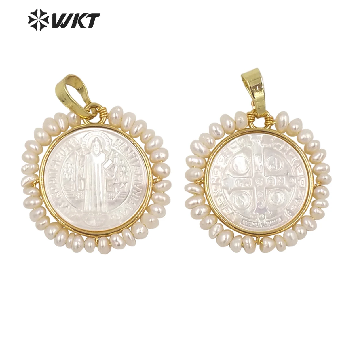 WT-JP257 Amazing Gold Electroplated Handmade Wrapped Real Pearl Christian Cross Shell Pendants Religious Jewelry