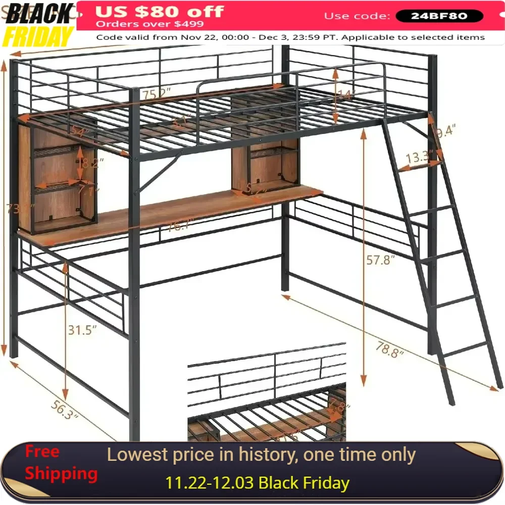 Bunk Beds Full Queen Size Bed, Bed Frame Black Loft Bed Metal with Desk and Shelf, Ladder Max 250Lbs Bunk Beds for Kids  Frames