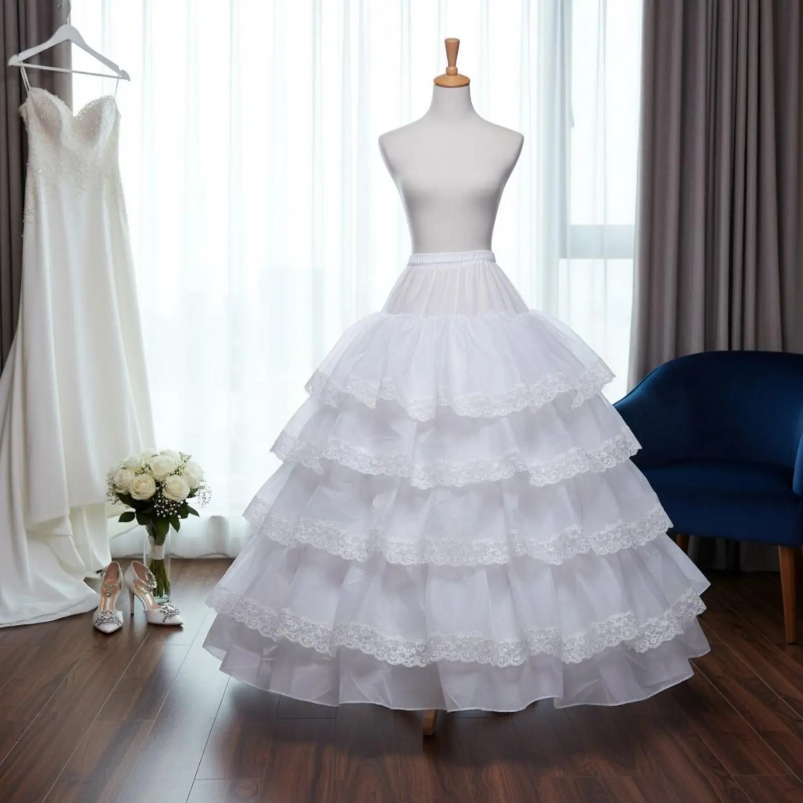 

Wedding Dress Hoop Skirt 4 Steel Rings Bridal Petticoat Tiered Ruffle Underskirt Full Volume Formal Gown Gown Slip Skin-Gentle