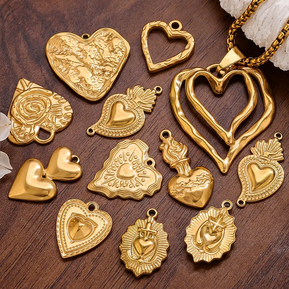 5PCS Stainless Steel Textured Heart Charms PVD Plated Irregular Pendant Connectors for Earring Necklace Jewelry Making Wholesale