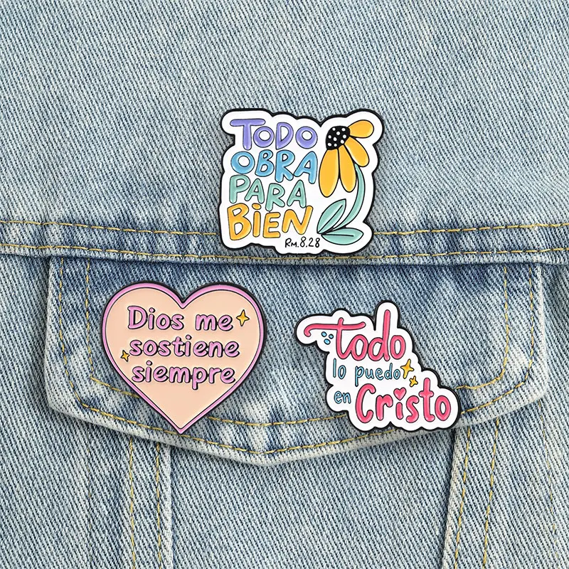 Spanish Christian Inspirational Badges Dios Me Sostiene Siempre Enamel Pin Cartoon Heart Daisy Brooch Accessories