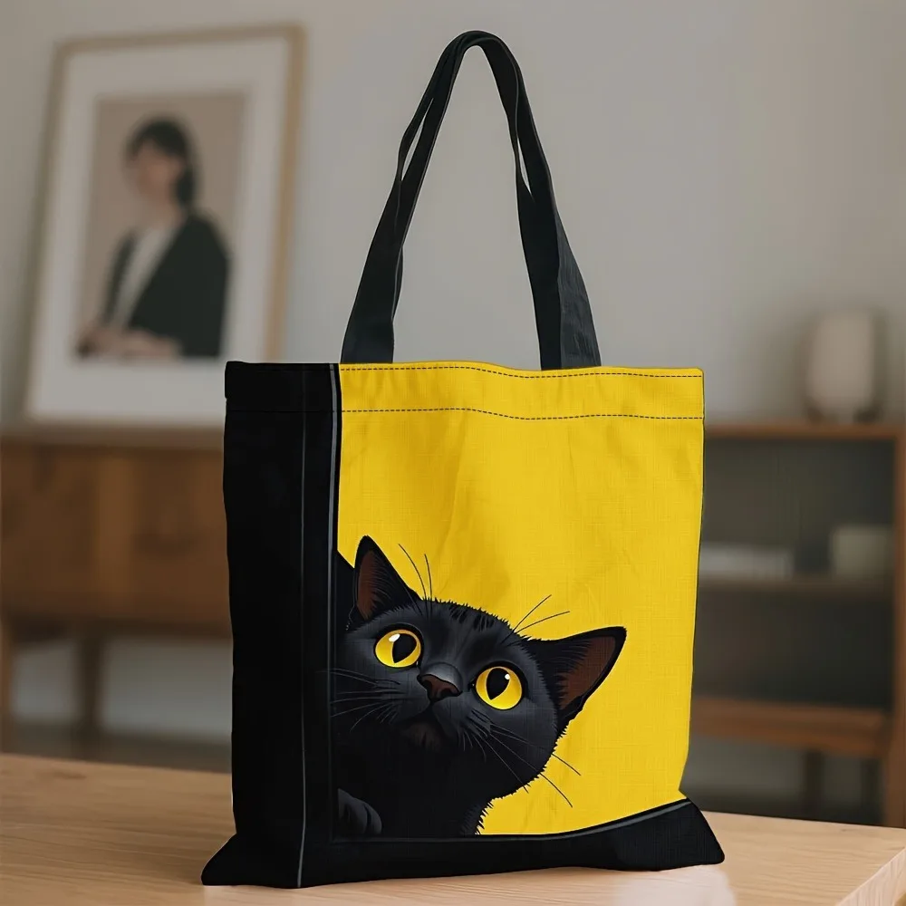 Stijlvolle draagtas met zwarte kattenprint Lichtgewicht en opvouwbare schouderboodschappentas voor schoolreizen Draagbare opslaghandtas