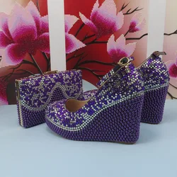 BaoYaFang viola multicolore scarpe da sposa da sposa per le donne punta tonda tacco alto zeppe pompe scarpe eleganti da festa e set di borse