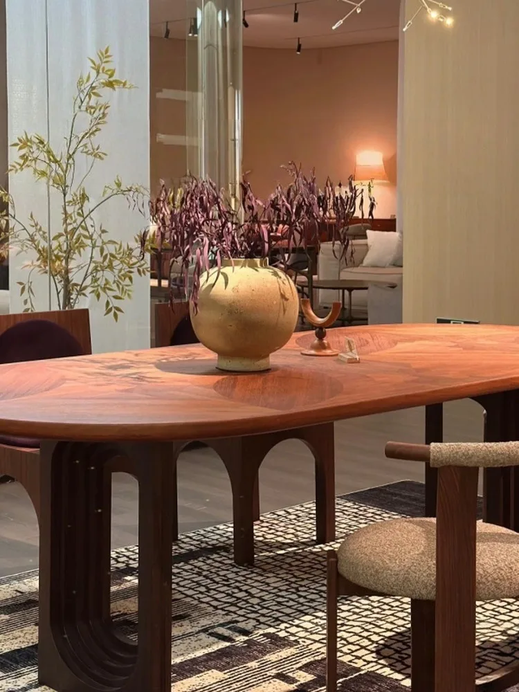 

Medieval solid wood parquet oval dining table black walnut parquet American French retro dining table