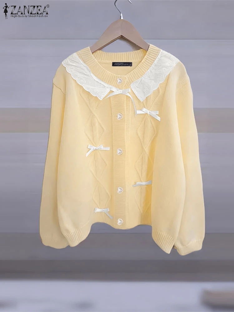 ZANZEA 2025 FW سترات نسائية مرقعة بالدانتيل ورقبة دائرية وأكمام طويلة وأزرار حتى القوس وتفاصيل سترة صوفية على الموضة الكورية #5