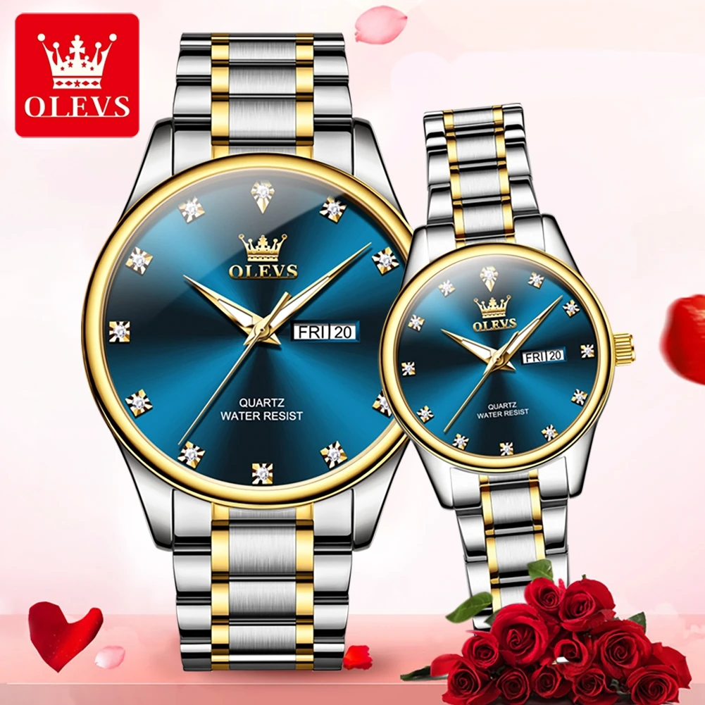 OLEVS 3612 Luxury Business Quartz coppia orologio originale Dual Calendar orologio a mano orologio impermeabile in acciaio inossidabile per uomo donna