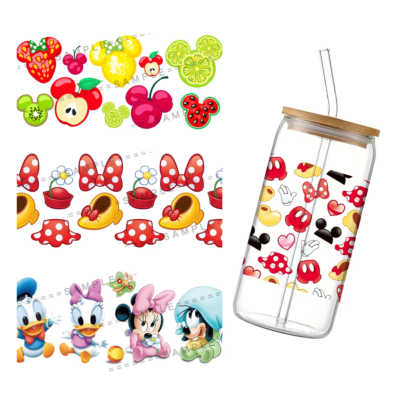 Disney Mickey Mouse 3D Transfer Sticker For 16oz Libbey Glass Waterproof Mug Cup Wraps UV DTF Stickers Custom Logo