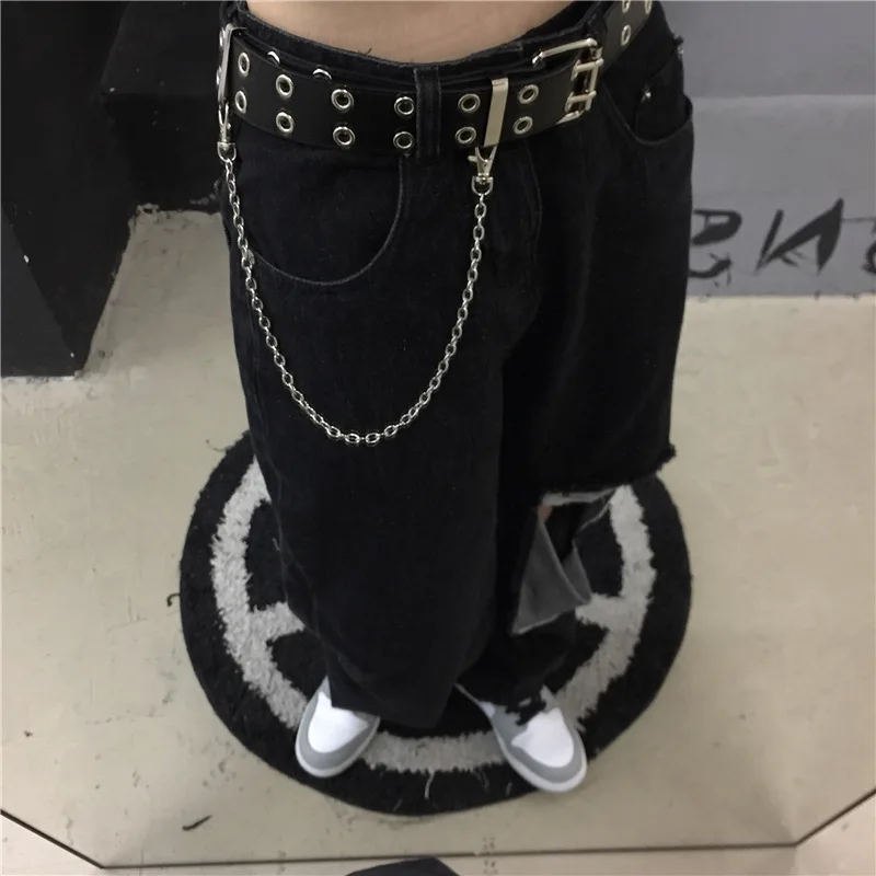 이불 Hip Hop Chain Tassel Belts Punk Studded Pin Buckle PU Belt Y2K Unisex Black Casual PU Jeans Pants Belt For Women Men