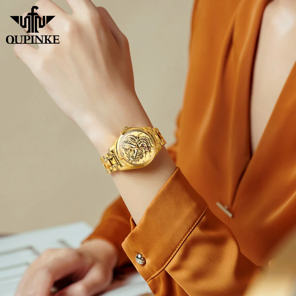 OUPINKE Top Luxury Women\'s Watches Golden Phoenix Dial Original Automatic Mechanical Watch for Lady Waterproof Luminous Gift Set