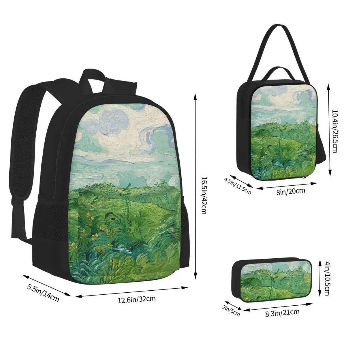 Green Wheat Fields, Auvers, Vincent Van Gogh Backpacks Bookbag School Bags Children Rucksack Lunch Bag Pen Bag Three-Piece Set