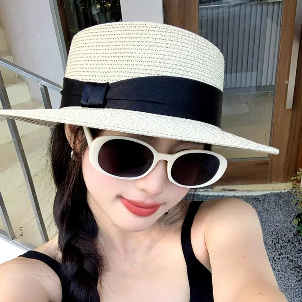 

Retro Elegant Straw Woven Hat Breathable Wide Brim Beach Flat Top Hat French Style Sunshade Women's Sun Hat Travel