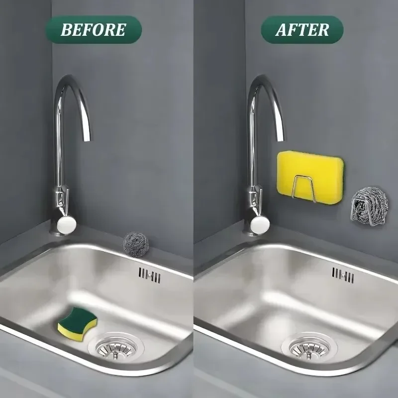 Stainless Steel Sink Sponge Holder Self Adhesive Drain Drying Rack Shelf Kitchen Household Wall Hooks Storage Organizer Supplies