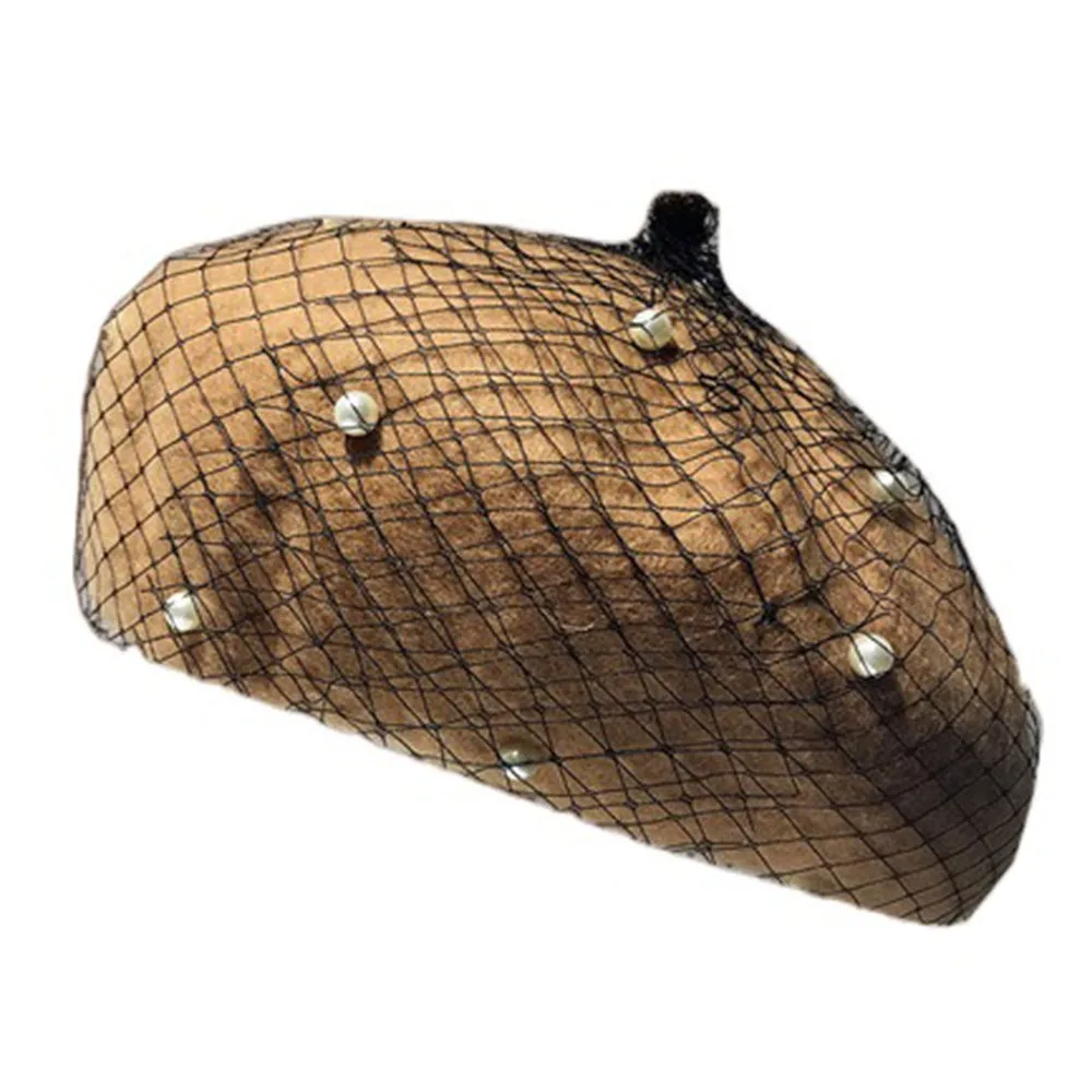 

Pumpkin Hat Pearl Wool Beret for Women Retro with Mesh Veil Painter Hat Gift Double Layer Beanie Caps for Autumn and Winter