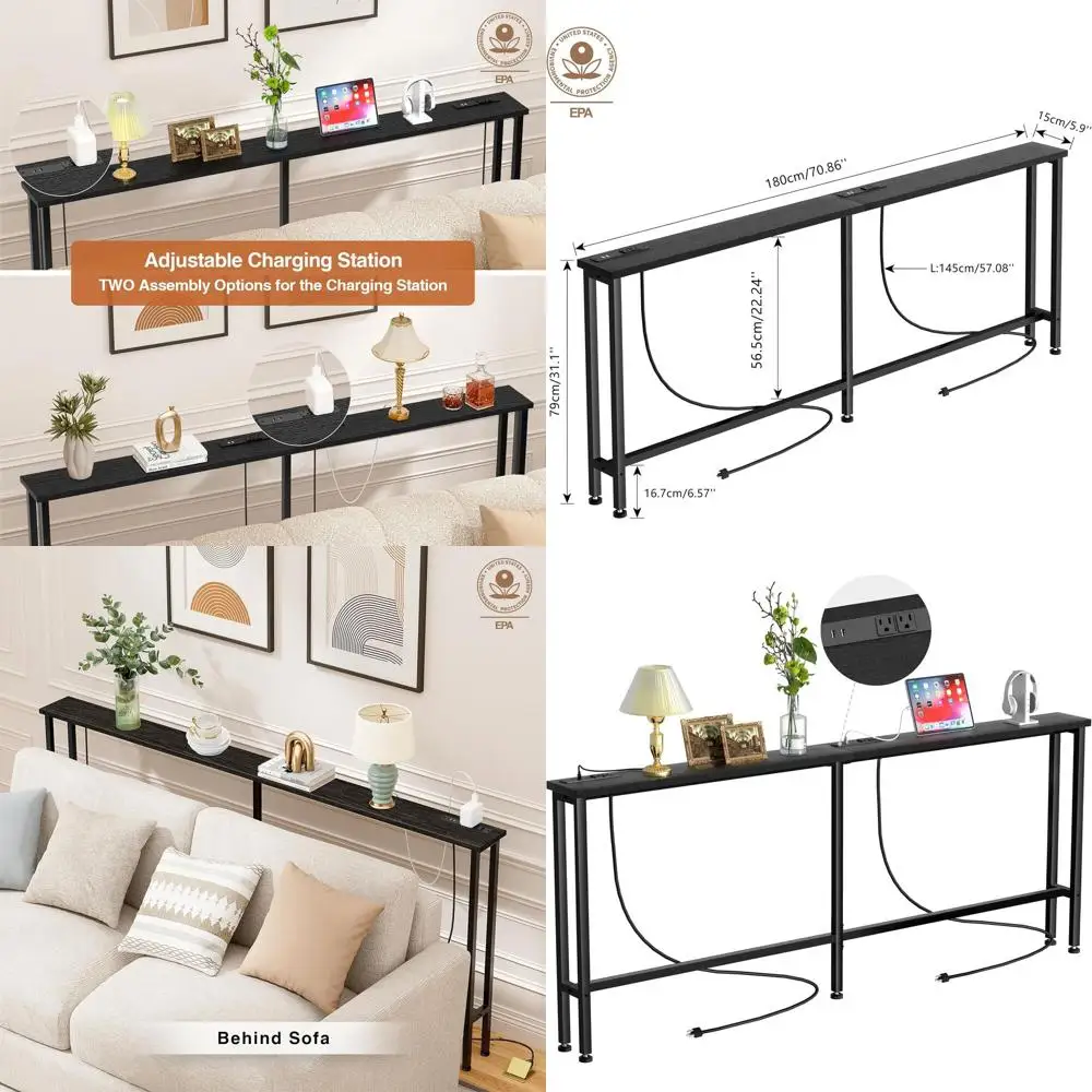 

70 Тонкий консольный диван-стол с 2 розетками и 4 USB-портами, металлическим каркасом, черный, идеально подходит для прихожей, офисов и за диванами — Eas