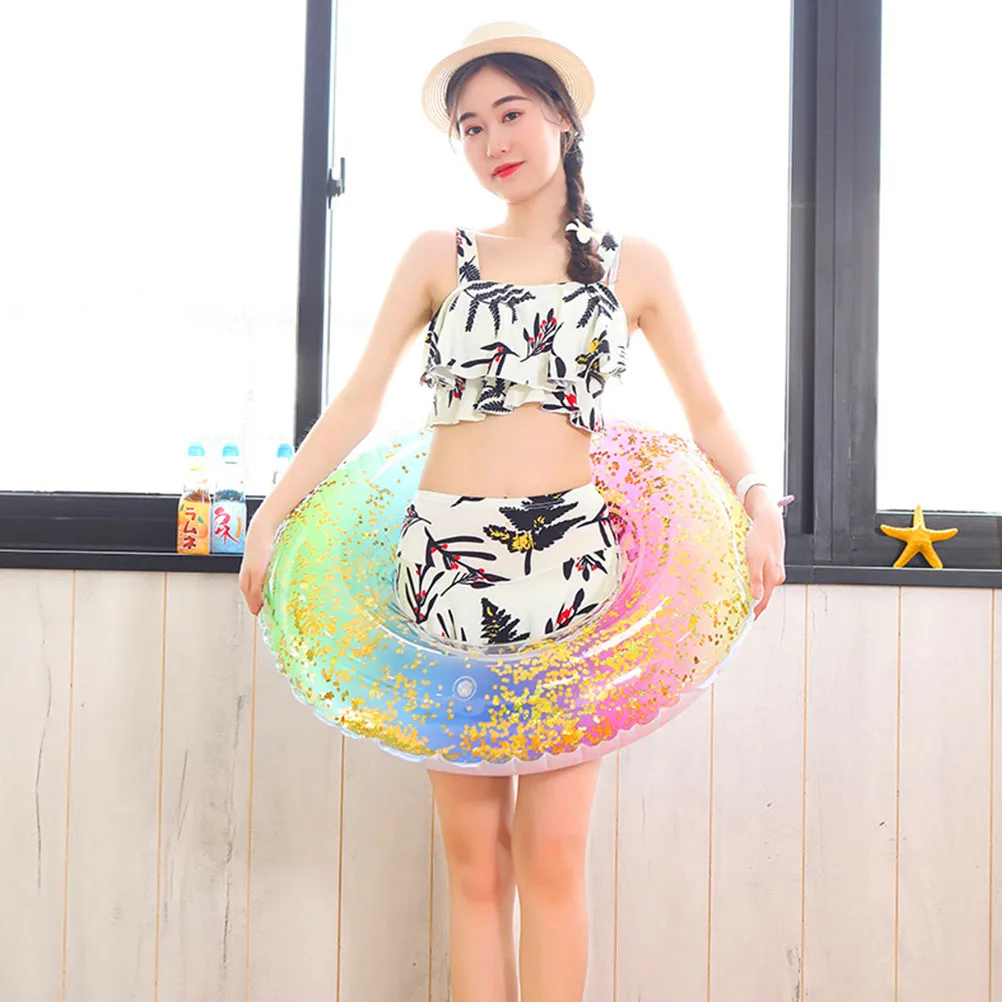 ห่วงยางว่ายน้ำ PVC สีรุ้ง ทนทาน ใช้งานได้จริง สีไล่ระดับ ประดับเลื่อม กึ่งโปร่งแสง ลอยน้ำในสระ สนุกสนานในฤดูร้อน ของตกแต่งงานปาร์ตี้สำหรับเด็ก