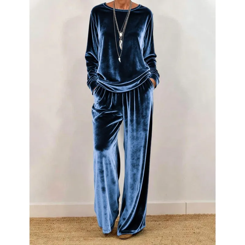 Women's Spring Autumn Velvet Two Piece Suit Fashion Solid Color O-Neck Top+Wide Leg Pants Set Ladies Loose Comfortable Outfit