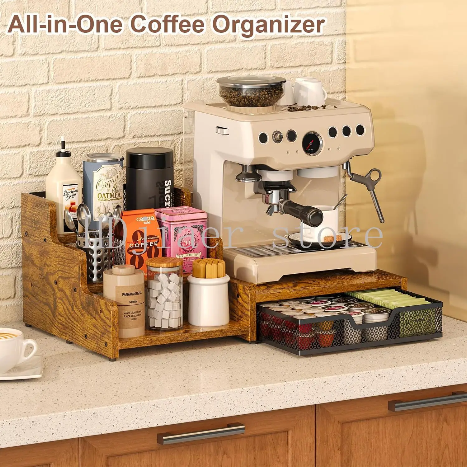 

Coffee Bar Storage Rack: K-Cup Holder & Capsule Drawer, Coffee Condiment Organizer for Bar Accessories