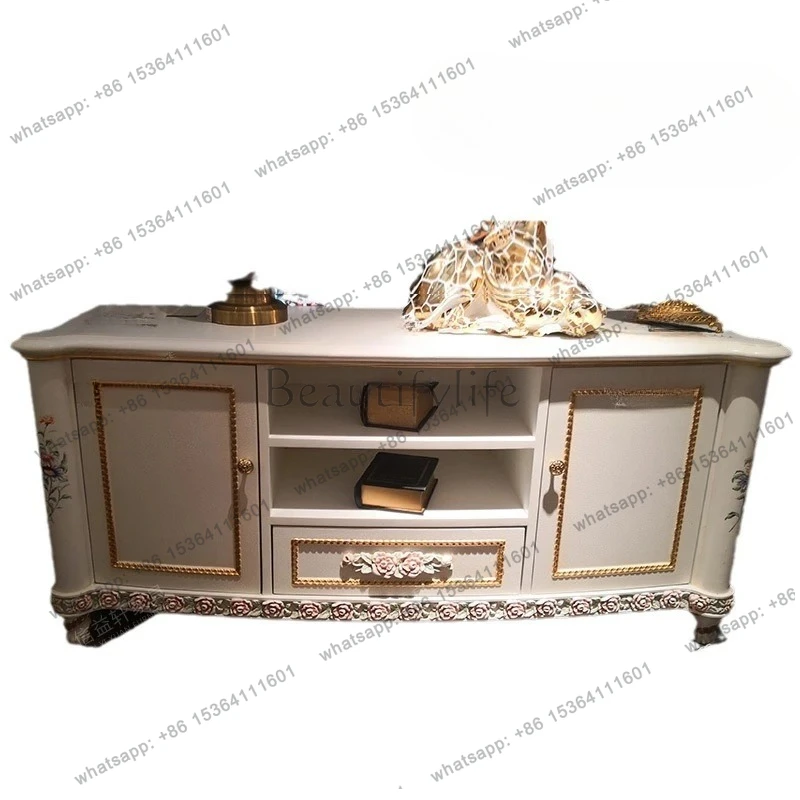 French luxury painted TV cabinet villa audio-visual cabinet European solid wood storage side cabinet furniture