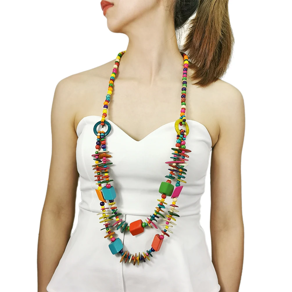 

Boho Colorful Multi Shape Beaded Necklace Handmade Wood Beads Long Dangle Necklace Statement For Women Fashion Jewelry