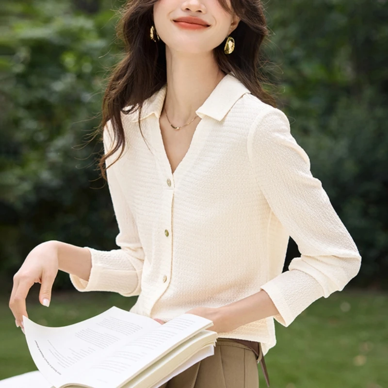 Women Lapel V Neck Textured Shirt Long Sleeve Button Front Slim Fit Casual Office Blouse Tops