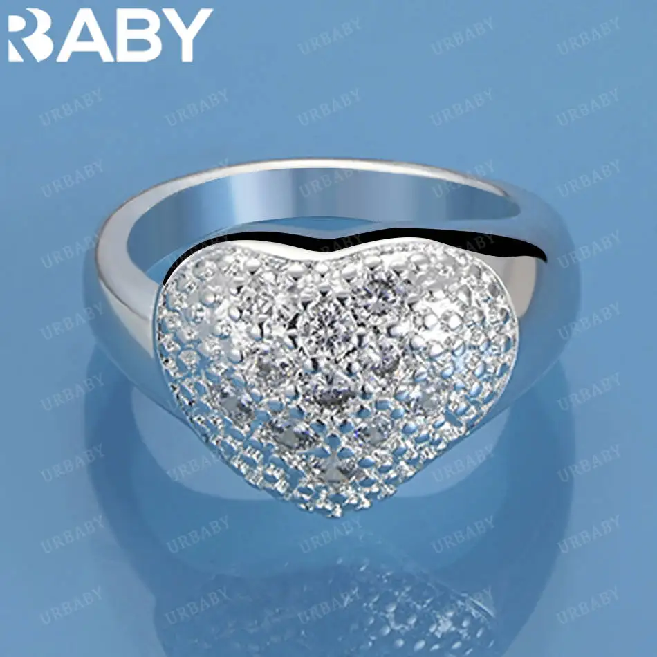 

URBABY 925 Sterling Silver Size 7-10 Zircons Heart Combination Ring For Women Fashion Jewelry Vintage Grace Charm Noble Party