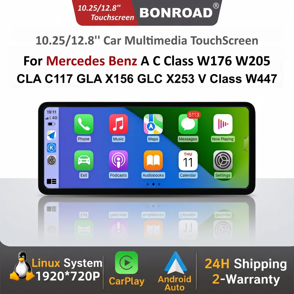 Schermo Touch Screen Linux 2400*900P con CarPlay Wireless e Android Auto per Mercedes Benz Classe A C W176 W205 CLA C117 GLA X156 GLC X253 Classe V W447 con Navigazione GPS, WIFI, Bluetooth e Radio