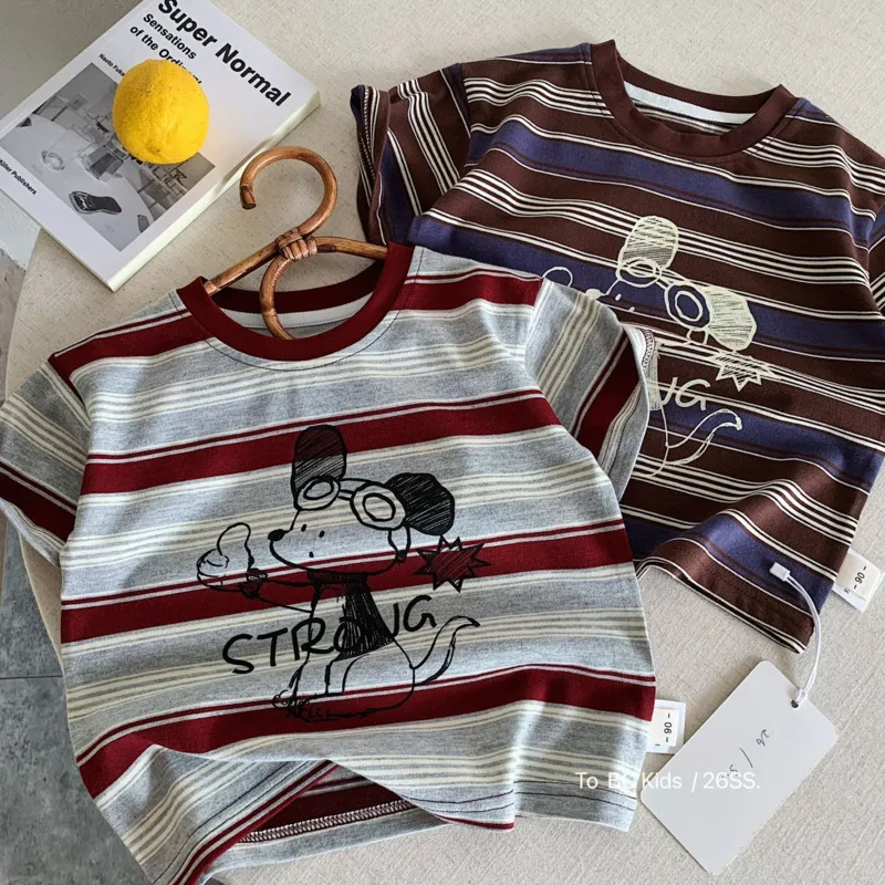 26 Spring Summer Boy Girl  Short Sleeve Cartoon Mouse Stripe T-shirt Baby Cotton Fashion Causal Top Pullover 3-12 Years Outfit