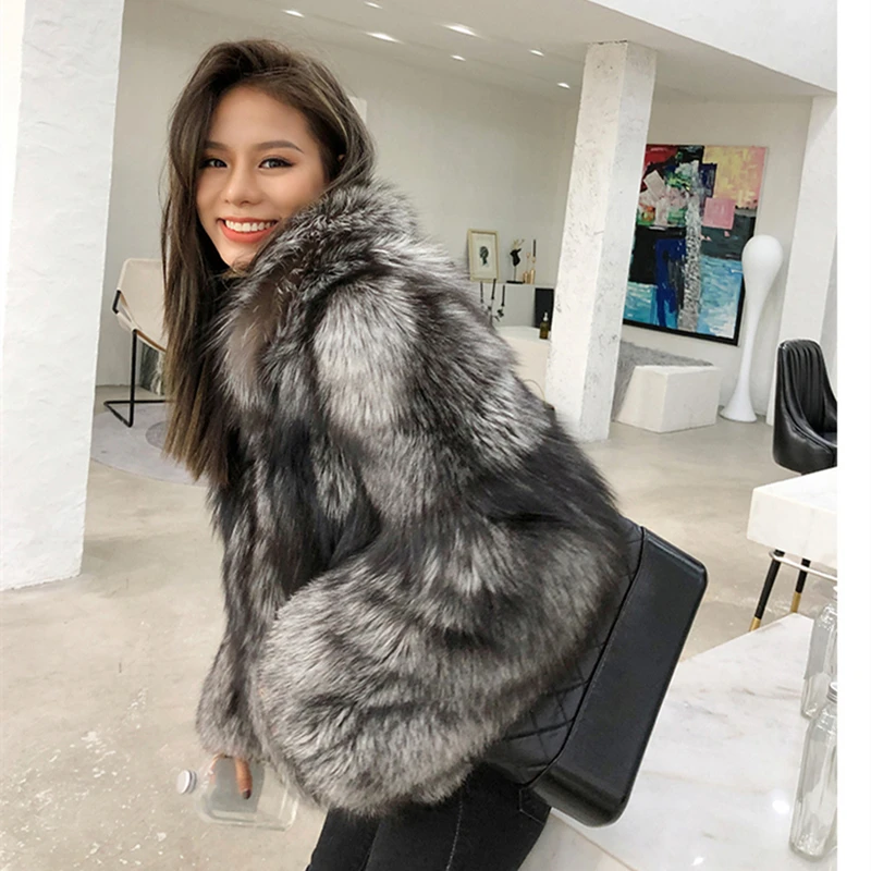 2024 Fashion Natural Silver Fox Fur Coat Women With Durndown Collar 100% Whole Skin Fur Winter Thick Soft Warm Fox Fur Coat