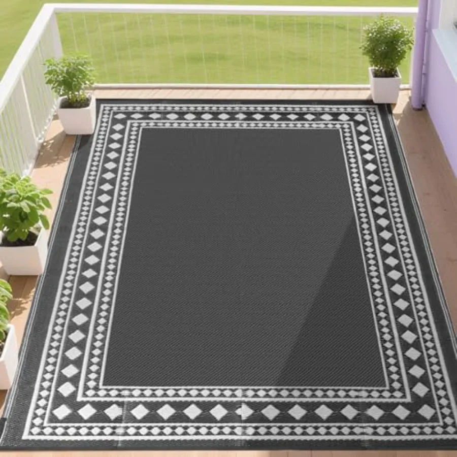 

Outdoor Rug 9x12 Waterproof for Patio, Large Plastic Straw Mat for Camping Porch RV, Grey and White