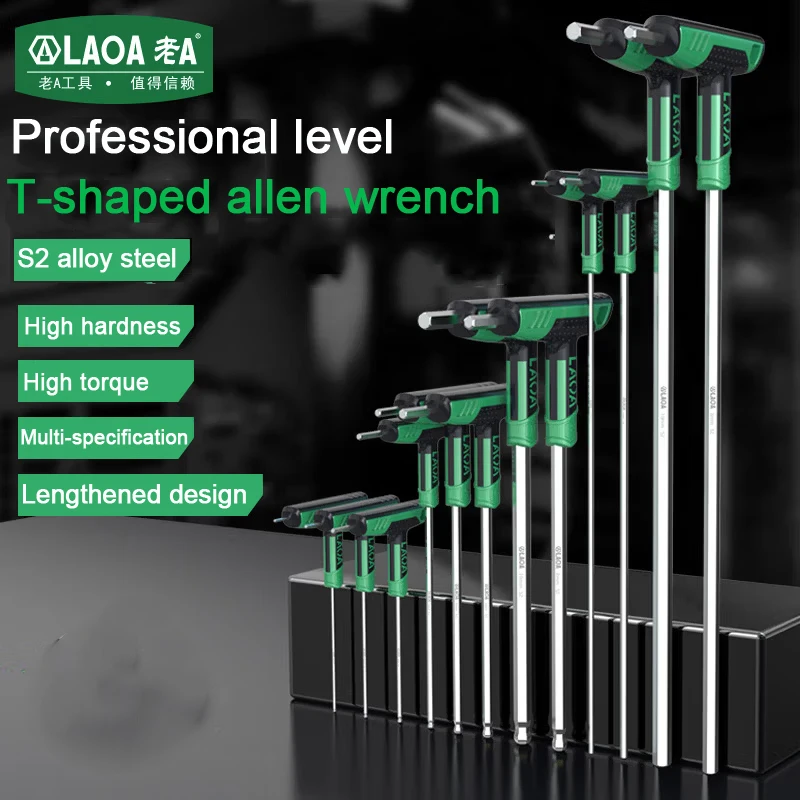 LAOA 1pc Ball Head T-shape Hex Wrench 2-10MM S2 Hex Key 58HRC Hexagon Screwdriver Socket Screw Wrench Spannner