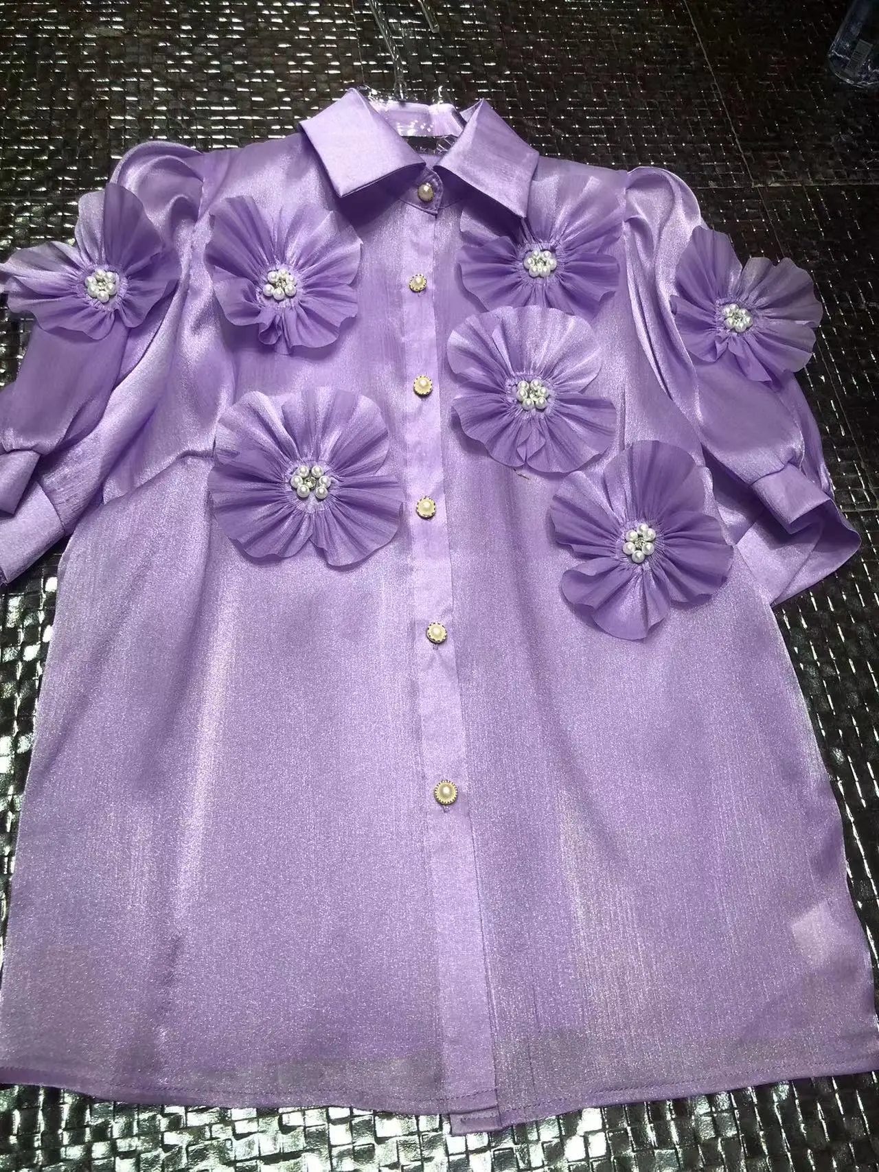 Real Photo Beaded Flowers Stitch Camisas 2024 Summer Short Sleeve Diamonds Buttons Up Shirts Blouses For Women Tops Blusas